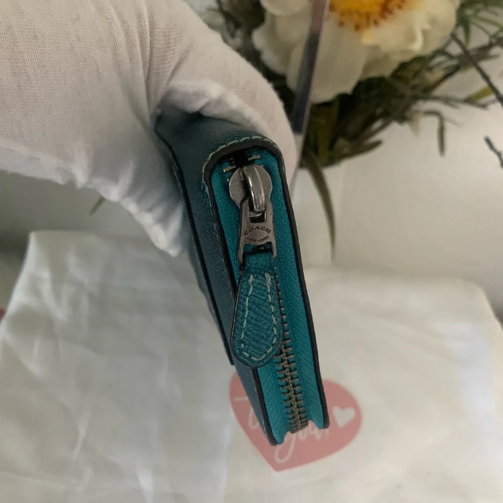 Coach Metallic Turquoise Accordion Zip Around Wallet